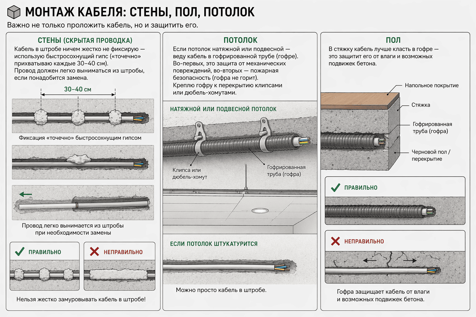 Способы монтажа кабеля