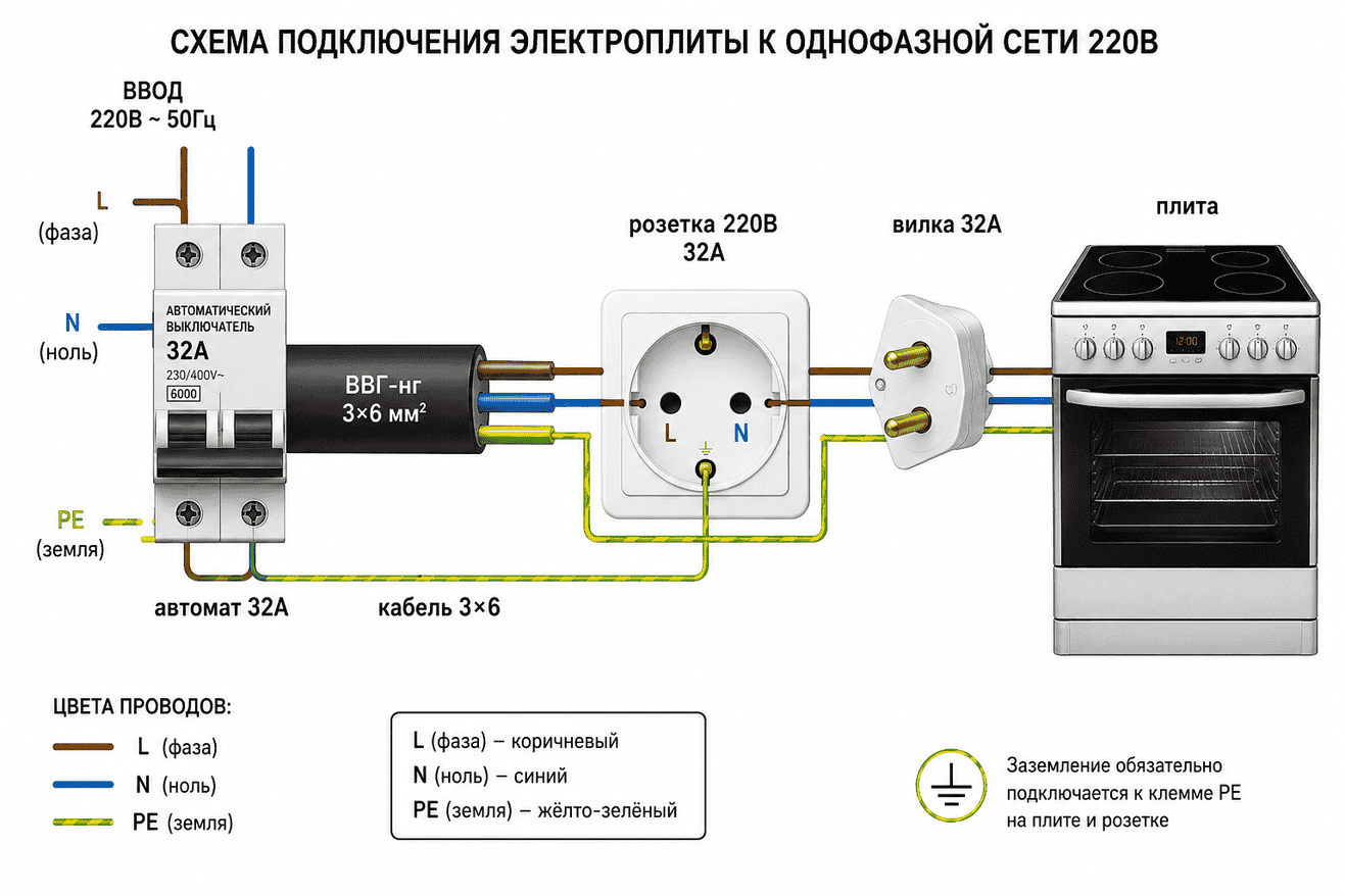 схема подключения электроплиты 220в